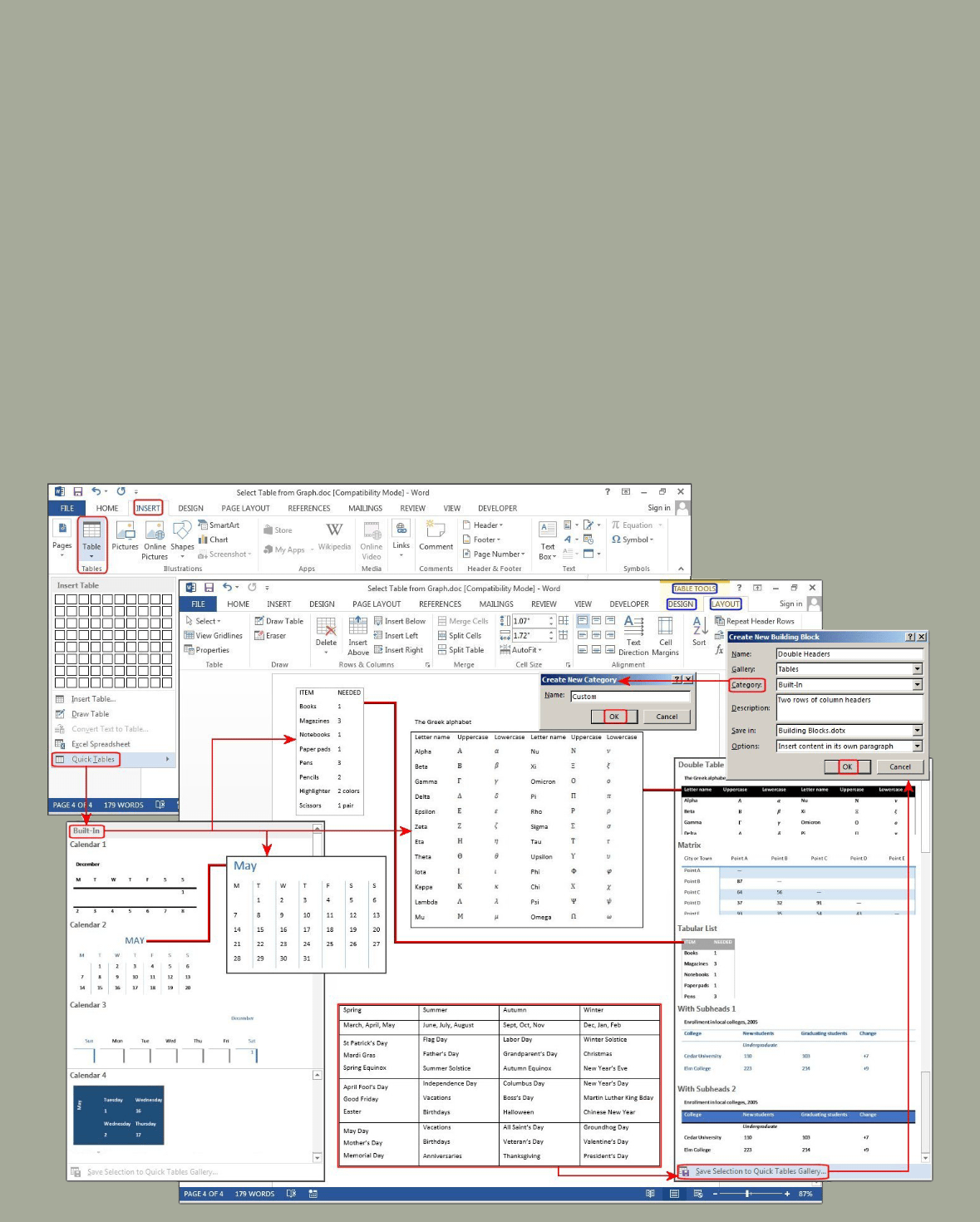 Insert Quicktables in MS Word