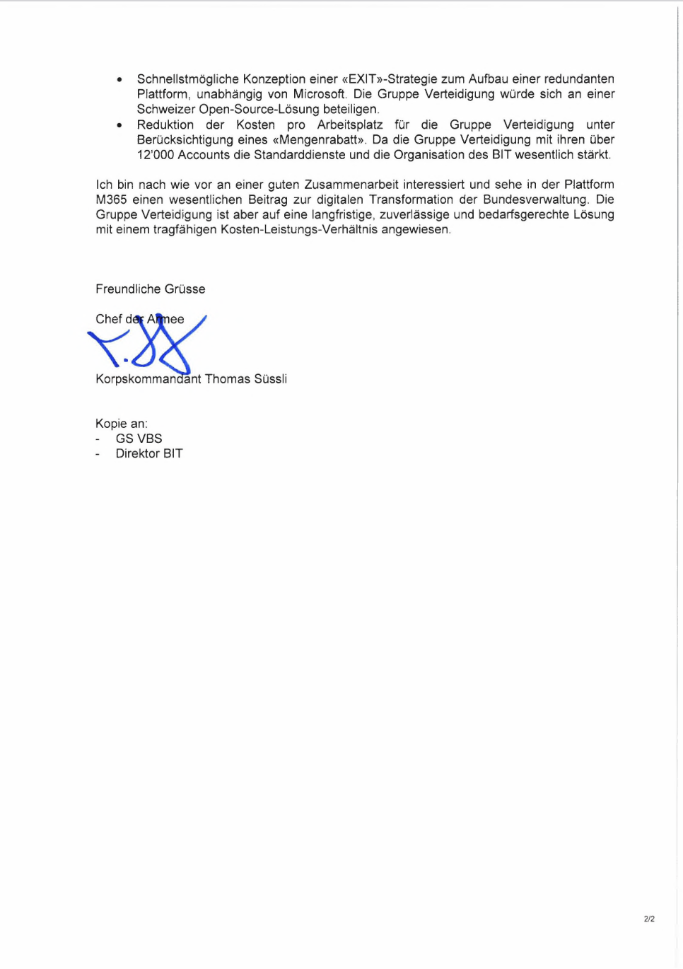 Swiss Armed Forces letter on Microsoft 365, page 2