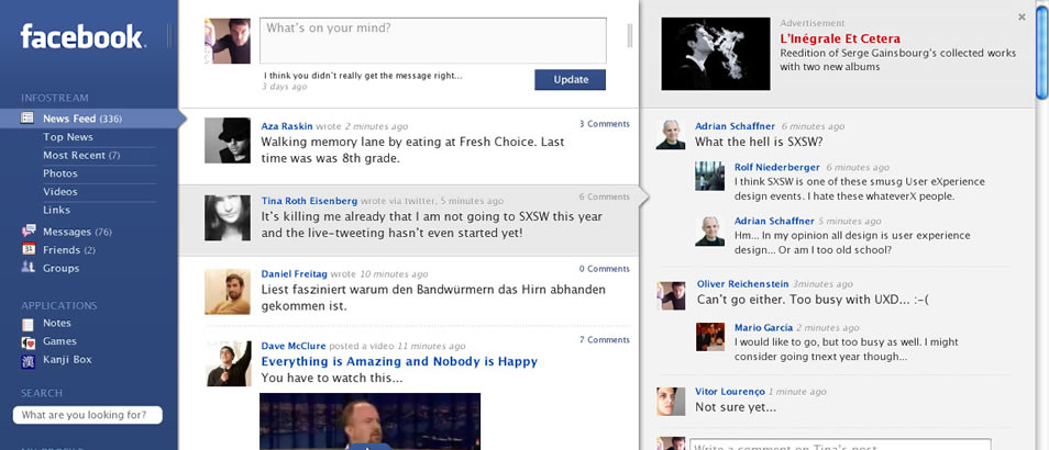 Facebook startpage with chosen comment thread through the eyes of iA