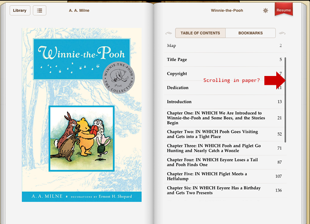 Scrolling the table of contents in the skeuomorphic iBooks app