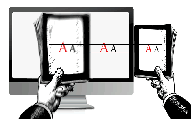 Comparing the type on the two books to a computer monitor, which is also further away