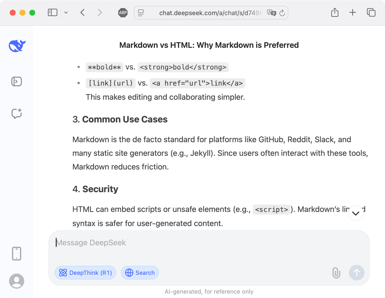 DeepSeek window showing dialogue on why Markdown is preferred.