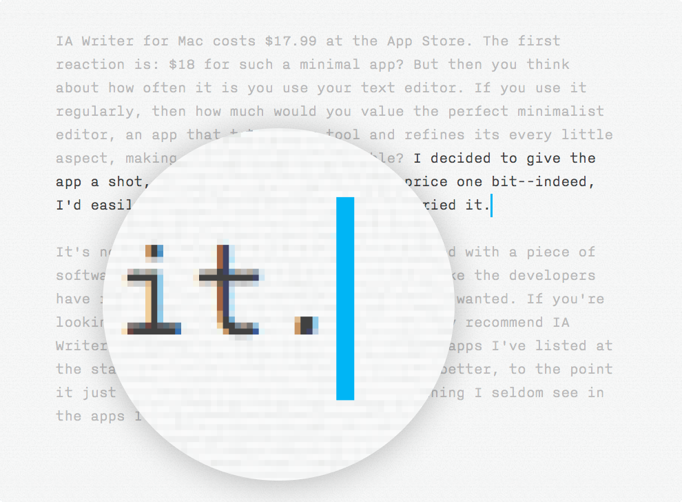 Closeup of iA Writer's distinctive blue cursor, Nitti font and textured Editor background in 2011.